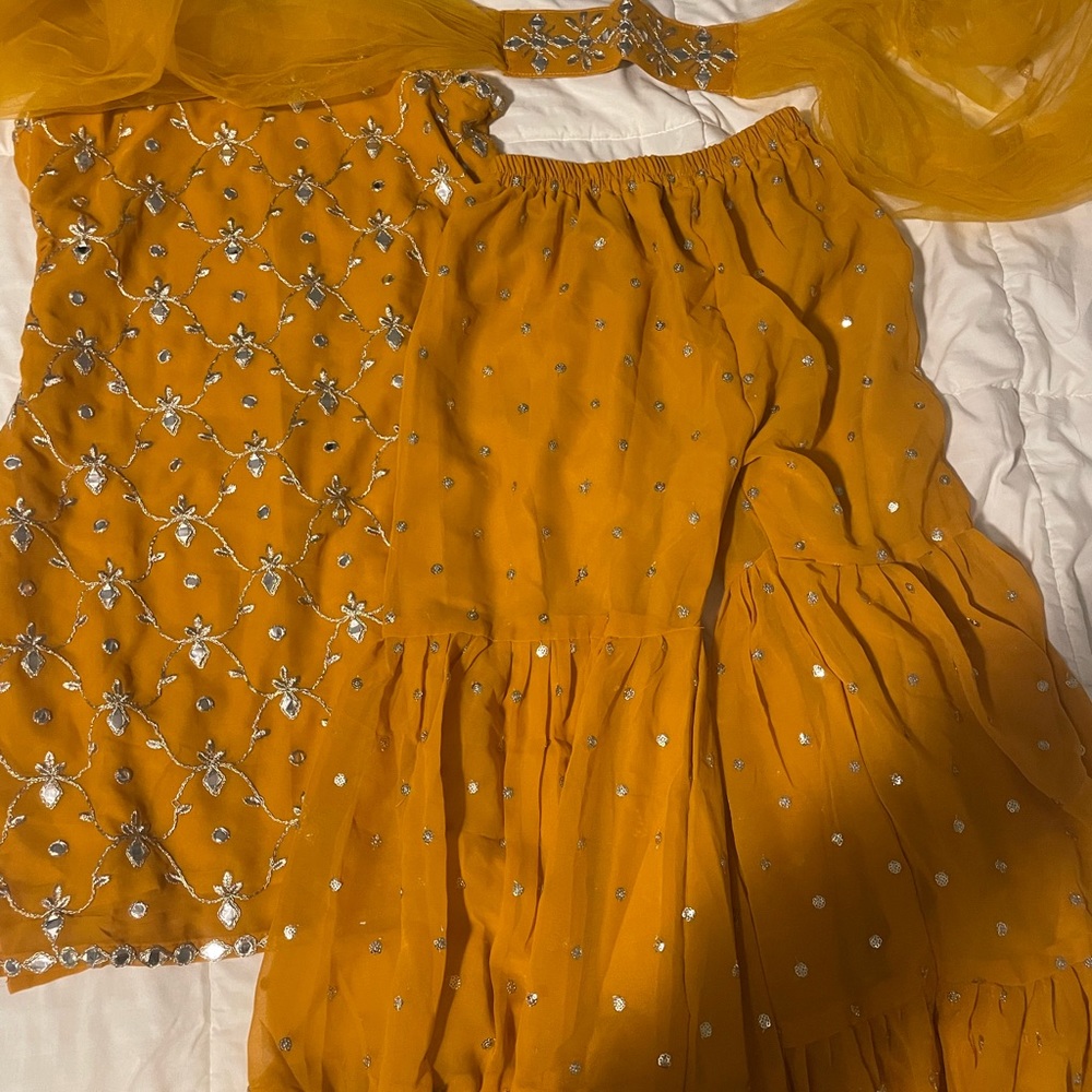 MIRROR WORK MUSTARD YELLOW SHARARA SET